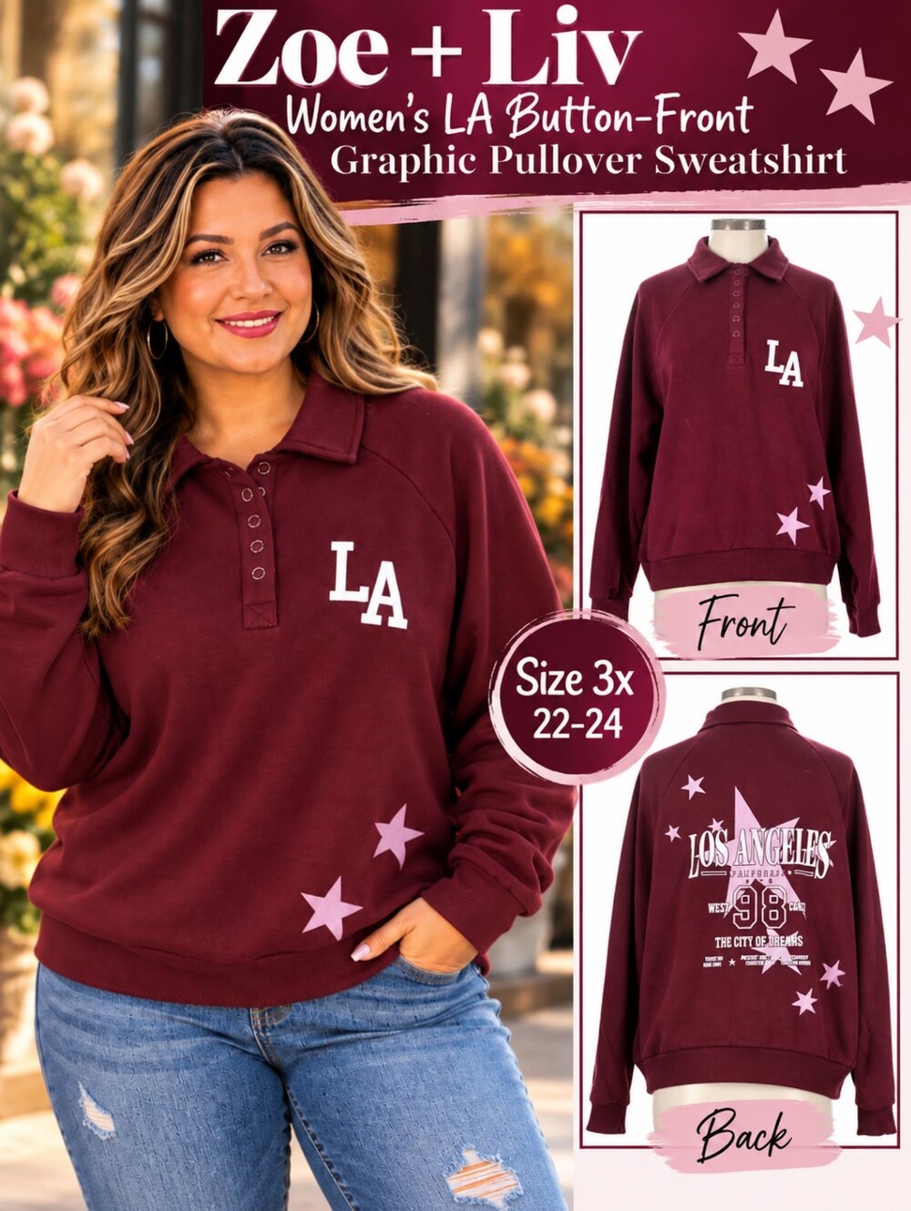 Zoe + Liv Woman's 3XL LA Burgundy Button Front Pullover Sweatshirt